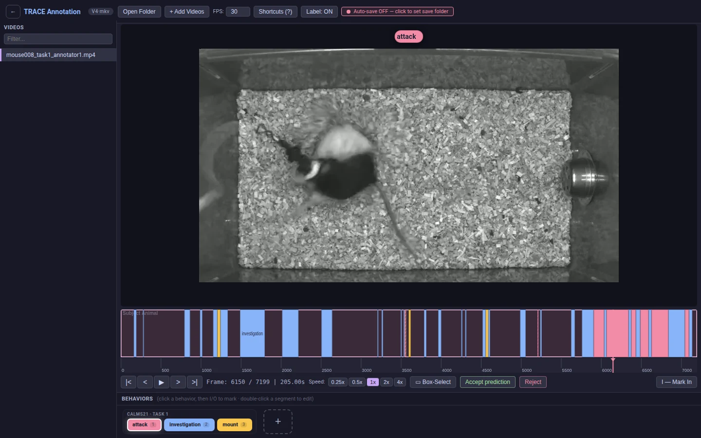 The annotator in review mode: Accept prediction and Reject buttons in the transport bar, and a hatched rejected bout on the timeline strip.