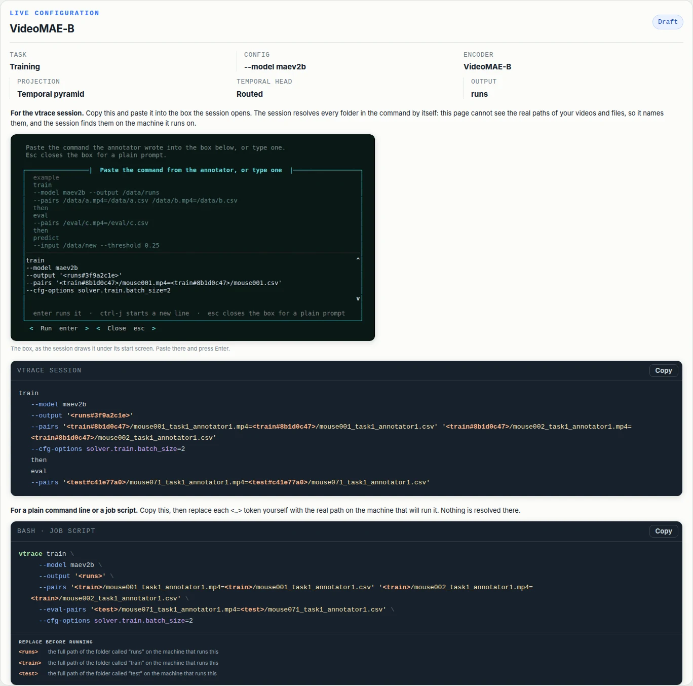 The configuration page's Run section: a live summary of task, config, encoder, projection, temporal head and output, above two dark panels — the vtrace session form with fingerprinted folder tokens, and the bash form with a Replace before running list under it.