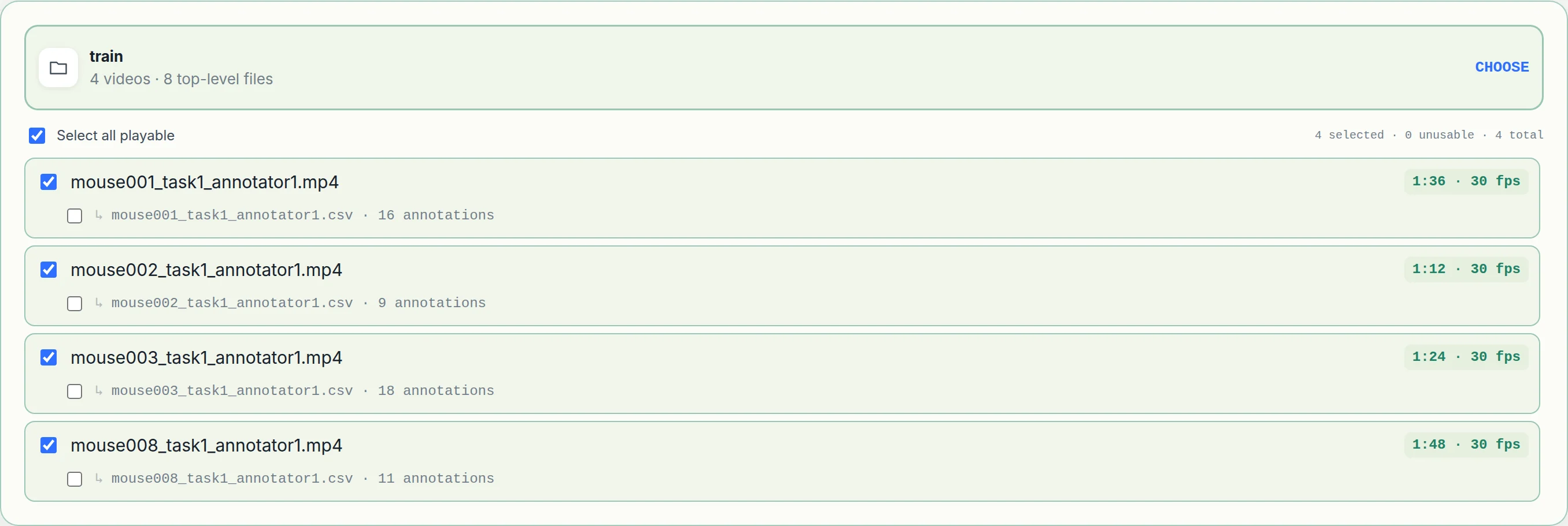 The configuration page's data picker: a folder card reading train, 4 videos, 8 top-level files, above a checklist of CalMS21 videos each showing its duration, frame rate and annotation count.