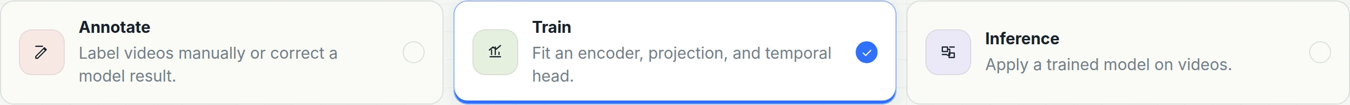 The configuration page's task chooser: three cards reading Annotate, Train and Inference, with Train selected.